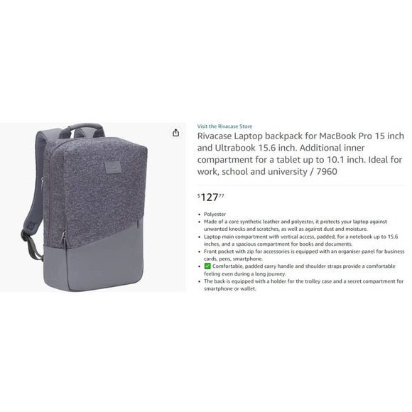 Rivacase MacBook Pro 15 In. and Ultrabook 15.6 In. Laptop Backpack, Gray #7960 - Picture 2 of 9